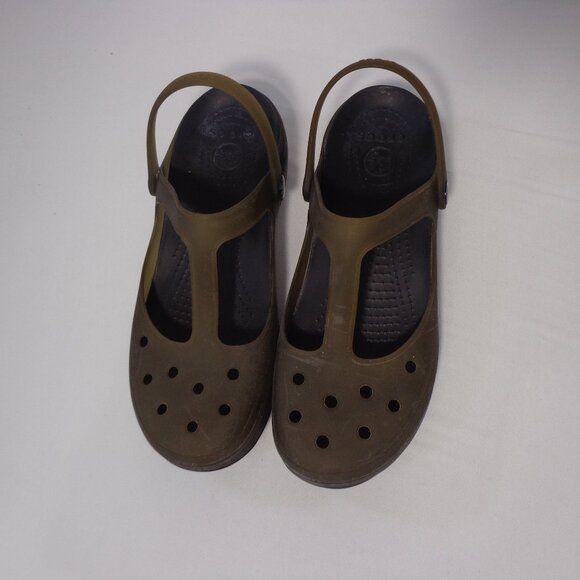 Crocs Carlie  Mary Jane Clogs Mules Olive Black T Strap Shoes Women’s Size 11 - Picture 2 of 6